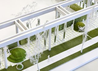 Exhibit Columbus: A New Era of Celebrating Design - Photo 3 of 9 - Anything Can Happen In The Woods by Plan B Architecture & Urbanism </p><p><br> An installation reimagines the pergola at the Cummins Corporate Office Building, designed by Kevin Roche John Dinkeloo and Associates, as an urban forest—including mirrored columns, conversation pits, outdoor rooms, and grass-covered mounds.