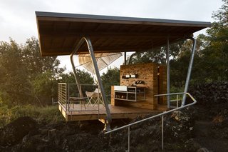 Two Tiny Pavilions Respectfully Perch Atop a Lava Flow on Maui - Photo 5 of 8 - Makai’s structural steel components were designed by Mark Donofrio and affixed to the lava at four points. "Because of the angle of the lava, it’s asymmetrical," says Moore.