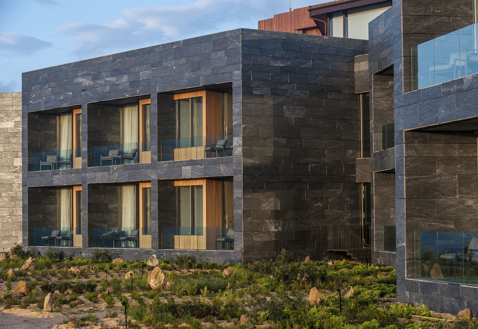 View of the guest room terraces from the exterior.