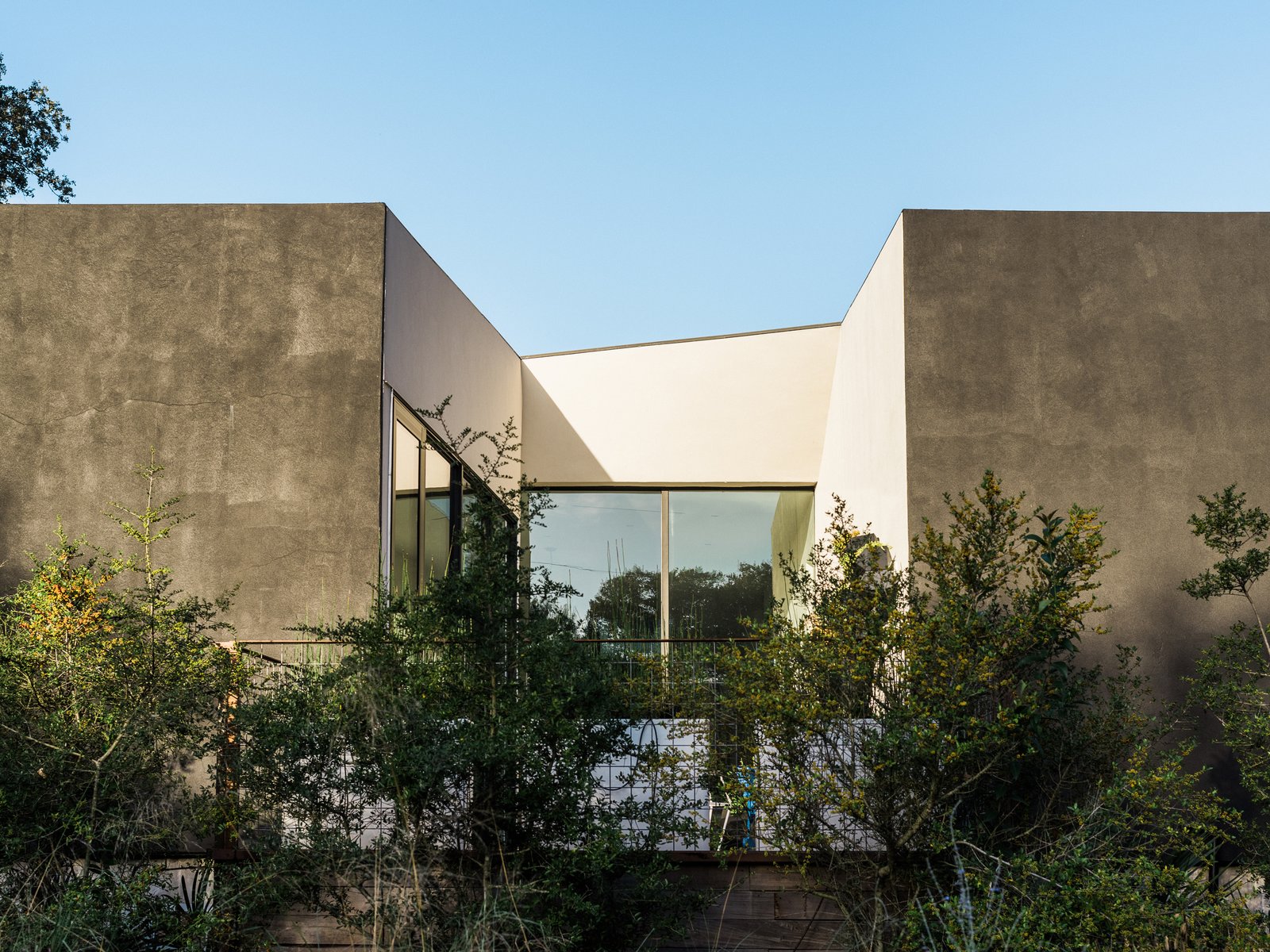 The east patio overlooks a line of yaupon holly trees