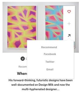 Use the arrow to share any photo, story or collection on Facebook, Twitter or Email. You can share to who ever follows you on Dwell by clicking "Recommend".