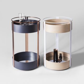 Introducing Dwell x Target - Photo 2 of 3 - Bar Trolley, $149.99. Deam + Dine designed each piece to be versatile and "aesthetically durable," like this circular, two-tier bar cart made from mirrored, wooden trays and a powder-coated steel frame.