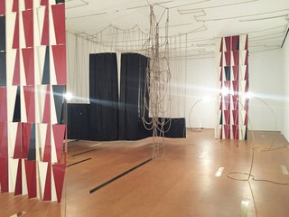 On view until October 2nd is a sculptural and layered exhibit by Leonor Antunes, a Portuguese artist who explores the effects that memory and time have on an experience. She utilized an intriguing mix of materials including leather, nylon yarn, hemp rope, cork, stainless steel, and brass.
