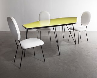 Must-See Discoveries from San Francisco’s Design + Art Fair - Photo 2 of 13 - Also shown with Joaquim Tenreiro’s edgy dining table, was a set of 1960s dining chairs with white leather upholstery and painted iron frames. 