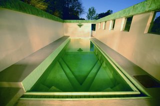 Along with being designated as a Los Angeles Historic-Cultural Monument in 1974, it was acquired by actress Diane Keaton who worked with Josh Schweitzer to remodel the house. The green hue of the copper patina is mirrored in the tile that lines the pool. 