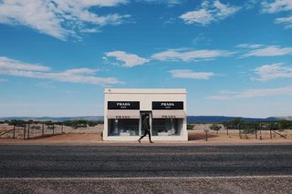 A Collision of Art, Architecture, and Fashion in Marfa - Photo 1 of 1 - After being recovered from its fair share of vandalism, Prada Marfa has become a permanent part of the Texas landscape. Though the structure lacks a real door, the two large windows are filled with actual shoes and bags by Prada. 