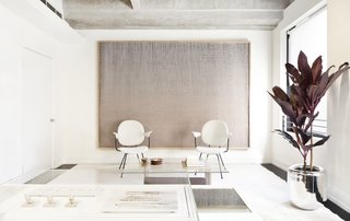 This New Jewelry Showroom Celebrates 'Made in L.A.' From Top to Bottom - Photo 2 of 9 - Shown here is the lounge/waiting area where customers can make themselves at home when they first enter. Early Work’s co-founder and artist Mimi Jung created the woven artwork that hovers over the space.