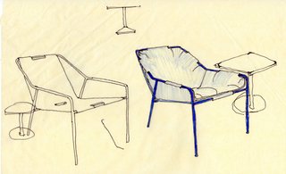 As some of their favorite elements of the collection, the outdoor seating pieces were designed with posture in mind. Chris and Nick point out that the final results are amazingly comfortable—especially for being so affordable. A drawing of the Outdoor Lounge Chair is shown here, with and without cushions.