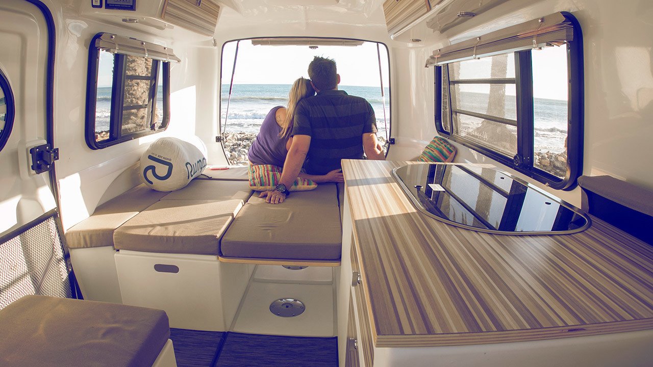 Inside, you can choose  a built-in kitchenette in a number of sizes and setups. The interior is also lined with multiple storage areas, while the foundation is made up of a solid honeycomb fiberglass material. 