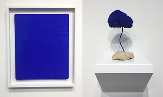 Follow Us Through San Francisco’s FOG Design & Art Fair - Photo 3 of 10 - For those who admire the work of French artist Yves Klein (1928–1962), this intense shade of blue could be spotted a mile away. Along with paving the way for French Pop art, he was most notably known for his work with this powdery, ultramarine pigment, which he patented as "International Klein Blue." With locations in London and New York, Lévy Gorvy gallery presented two of his signature pieces. Shown on the left is Untitled Blue Monochrome from 1960, while his Untitled Blue Sponge Sculpture from 1959 is shown on the right. 