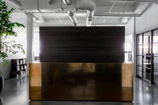 A San Francisco Design Collective Reveals its Impeccably Cool Creative Studio - Photo 2 of 12 - Hollis points out, "You move from a dark reception salon into a bright white, open space. The contrast of moving from darkness into light is always part of my work." The reception desk consists of a brass-clad box that was custom made by Chris French Metals, and acts as Hollis’ ode to Donald Judd.
