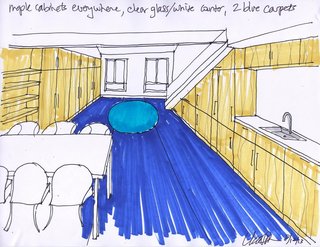Shown here is a sketch that Simon created at the beginning stages of the project. It shows how she planned to combine the living, dining, and kitchen areas into one long and lean space.