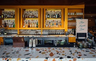 The Hideout bar features a Marmoreal countertop, which consists of an engineered marble that was developed collaboratively between dzek and British designer Max Lamb.