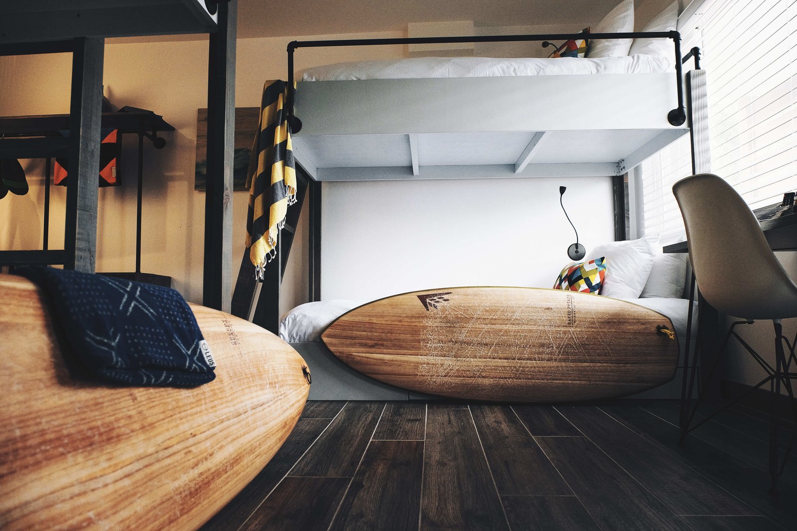 A New Modern Hotel in San Diego Offers Surfing Adventures and Local Hospitality - Photo 8 of 10 - Each of the rooms can accommodate two guests, except for "Pipes," which includes a set of camp-style bunk beds that can fit four people. Guests have access to the hotel’s surf equipment, including a quiver that’s filled with Firewire surfboards. They also have partnerships set up with a handful of other local business so that they can offer guests whatever it takes to complete the experience. 