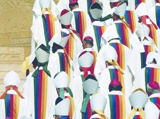 For World Youth Day in Paris, July 2007, Jean-Charles de Castelbajac designed the liturgical vestments for Pope John Paul II and 5500 members of the clergy, with robes featuring a spectrum of rainbow colors.