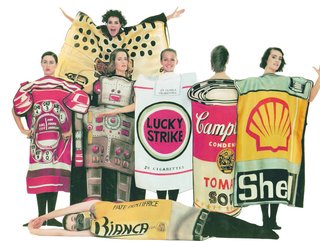 A commentary on consumer culture, Jean-Charles de Castelbajac's Summer 1984 collection, titled Homage to the 20th century, featured boxy dresses with famous American brands painted onto gazar fabric.