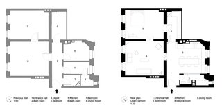 A Hidden Passageway Makes Each Room in This Berlin Flat a Private Destination - Photo 6 of 6 - Removing several walls that previously partitioned the northwest-facing corner of the home into small, awkward spaces (left), the architect consolidated the interior into three main spaces, plus a concealed service area that can be privately accessed from the bedroom and dining area (right).
