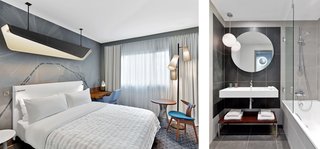 Interior architect Jean-Phillipe Nuel led the redesign of the guest rooms, which are packed with stylish space efficiencies. Long curtains visually enlarge the interior, and a modestly sized wall-mounted desk and chair provide ample space for working on a laptop. 