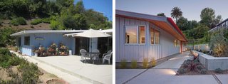 A Mid-Century Modern Makeover in Los Angeles - Photo 1 of 5 - Located in the Pacific Palisades, the original structure (left) had been virtually untouched for over 40 years; architect Kevin Southerland recently renovated it with an eye for preserving its "good bones" and gently updating it with eco-friendly materials. A new layer of painted cement board (right) now coats the exterior, lending it long-term durability and resistance to decay.