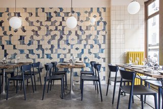 A Parisian Seafood Restaurant, Swimming in Shades of Blue - Photo 1 of 5 - Inside Belle Maison, a new seafood restaurant designed by Emilie Bonaventure in the 9th arrondissement of Paris. The eatery is the third venture of chef Franck Navarin and Edouard Bobin, and the designer's fourth project on the corner of the popular Rue des Martyrs and Rue de Navarin, where she also designed a trio of new Rose Bakery locations that opened last month.