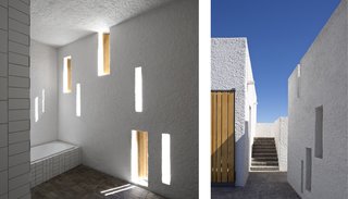 A Minimalist Retreat at the Edge of South Africa's Karoo Desert - Photo 4 of 6 - A series of narrow, vertical window openings punctuate the thick-walled facade of the structure, which is optimized for passive solar gains (left). A consistent application of surface materials throughout the interior and courtyard bridge the connection between indoors and out (right).