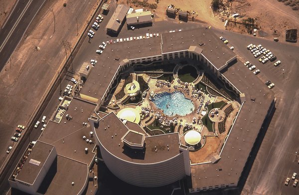 An ariel view of Caesars Palace and the Gardens of the Gods pool oasis, circa 1970.
