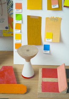 Meet the London Furniture Designers Working in a Reclaimed Railway Shed - Photo 8 of 11 - Color samples surround a model of Pinch's fisherman-inspired Float table. 