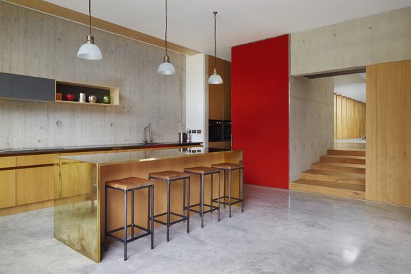 This Modern Courtyard Home Celebrates a 100-Year-Old Tree - Photo 5 of 8 - The other centenarian fixtures in the home are the glass light shades in the kitchen. The shades originally hung in an old chapel. The brass bar was designed by the firm. 