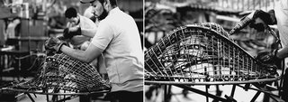 Workers assembling and bracing a Bertoia Diamond Chair. Photography by Knoll.
