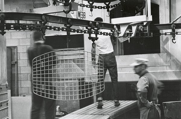 Making Bertoia - Photo 11 of 14 - Finished Bertoia Ottoman being transported through the factory for assembly. Image from the Knoll Archive.
