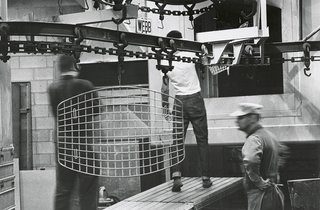 Finished Bertoia Ottoman being transported through the factory for assembly. Image from the Knoll Archive.
