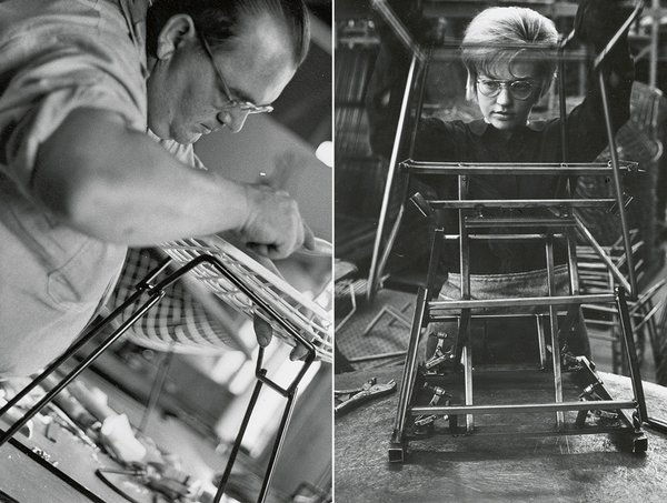 Making Bertoia - Photo 13 of 14 - Factory worker assembling the base and frame of a Bertoia Side Chair. Image from the Knoll Archive.