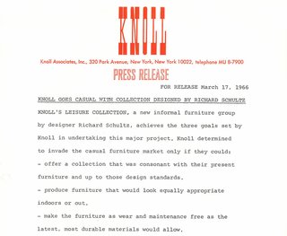 Richard Schultz: Always Pioneering - Photo 7 of 12 - Original press release for The Leisure Collection, 1966. Image from the Knoll Archive.