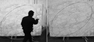 Marble being evaluated and marked for cutting by stone masters using designer-approved templates, 2013. Photography by Knoll.