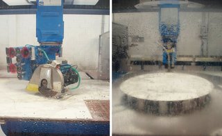 Marble being water cooled and cut by polycrystalline diamond blades, 2013. Photography by Knoll.