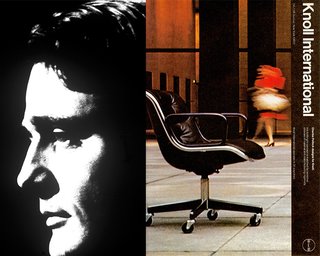 Knoll Inspiration: The Pollock Arm Chair - Photo 6 of 6 - (Left) Portrait of Charles Pollock (Right) 1970s-era Knoll International advertisement employing the Massimo Vignelli grid, with photography by Jon Naar and Alex Naar