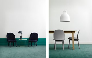 All Eyes on Ace - Photo 9 of 9 - The Ace Lounge Chair in dark blue velour and the Ace Dining Table Chair in grey wool.