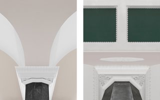 Normann Copenhagen's Revamped Showroom and Flagship Store - Photo 8 of 12 - Classical details of the white stucco and bas-reliefs beautifully contrast the emerald green ceiling.