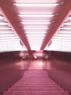 Normann Copenhagen's Revamped Showroom and Flagship Store - Photo 10 of 12 - Plush pink staircase leading down into the Gallery.