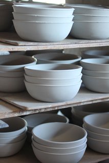 Sausalito Dinnerware Factory Tour - Photo 20 of 35 - Once dry, the ware is ready for glazing. We keep some stock of all our pieces in greenware (unfired) so that we have them ready to glaze when we need them.