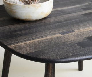 Jacob May Design - Photo 5 of 7 - Expert craftsmanship is evident in the details of this patchwork tabletop, shown here in Oxidized Oak. With a sleek, simple shape, it’s designed to let the beauty and variety available from a single wood species take center stage.
