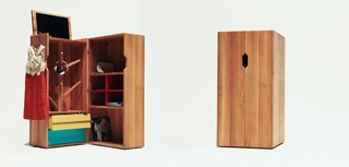 The Trunk features a hat tree, flip-up mirror, cubby holes for shoes or papers, two drawers, and two large shelves for additional storage.