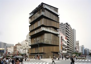 Architect Spotlight: 12 Works by Japanese Architect Kengo Kuma - Photo 1 of 12 - Resembling a stack of smaller structures with asymmetrical roofs, the verticality of the Asakusa Culture Tourist Information Center reflects the liveliness of the vibrant neighborhood that surrounds it. 