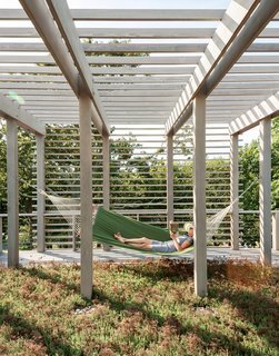 These 10 Green Roofs Bring Life—and So Much More—to These Modern Structures - Photo 11 of 11 - A second green roof is planted with sedum and plays host to one of the family’s favorite spots: a hammock. The overhead trellis softens and balances the appearance of the facade.