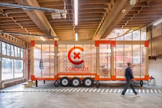 Modular and mobile—the (MWU) houses five work stations in 280 square feet and is parked inside an old ambulance garage in downtown Portland—ready to be hitched to a trailer and relocated should the need arise.