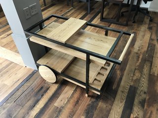 zenbox design showed a bar cart in reclaimed oak at the Pioneer Millworks open house. 