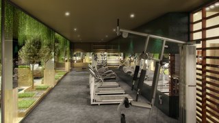 "The use of foliage is our interpretation of 'greenery,' which is the Pantone color of the year—as it brings the same fresh feeling to the interiors". - Design Command. Pictured is the gym. 