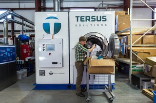 Tersus Solutions' laundry machine produces an extremely high level of cleanliness for recycled products, while being environmentally-friendly. 