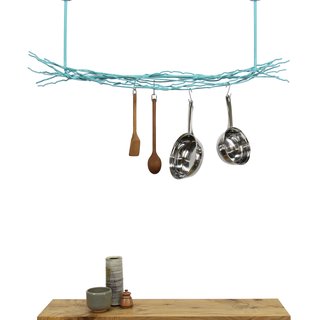 10 Functional Pieces For Small Space Living - Photo 7 of 11 - This modern pot rack from Merkled Studio is made from salvaged steel loom ends collected from a weaving company located only 10 blocks from the designer's studio. Able to hold even the heaviest cast-iron skillet, each organic piece has also been powder-coated for durability. 