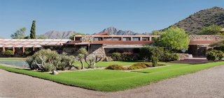 Taliesin West in Scottsdale, Arizona, 1937. Built and maintained almost entirely by Wright and his apprentices, it was one of the architect's most personal creations. 